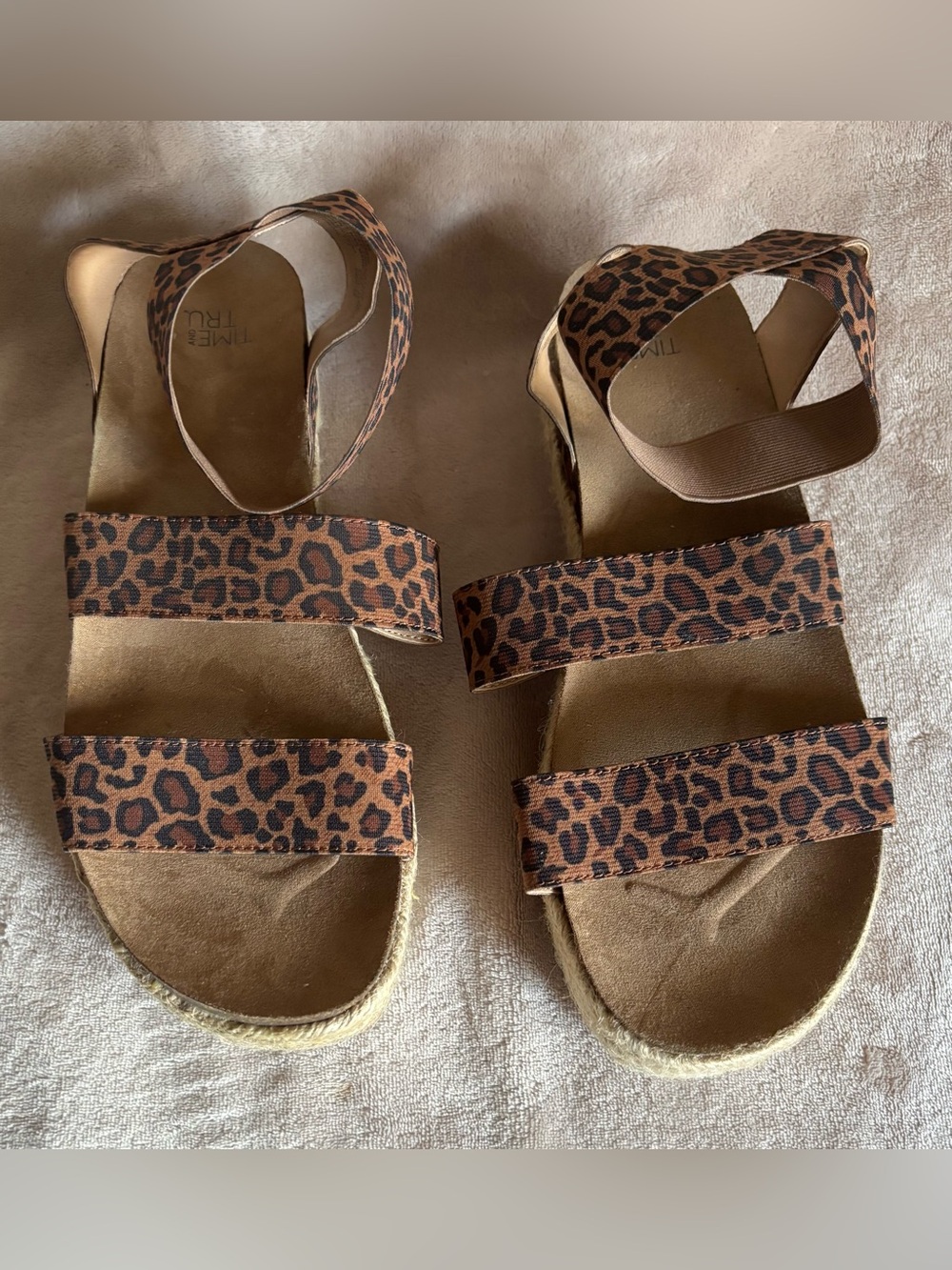 Time and Tru Leopard Print Double Strap Sandals - Brown/Tan